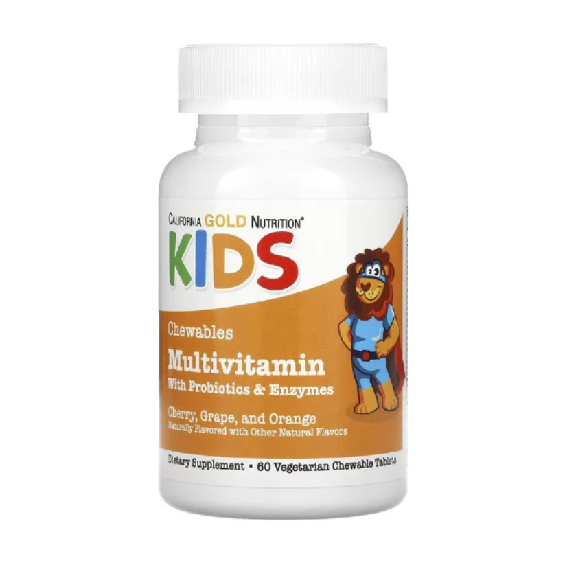 California Gold Nutrition, Chewable Multivitamins with Probiotics, Enzymes, Vitamin A and Vitamin C for Children, Assorted Fruit, 120 Vegetarian Tablets