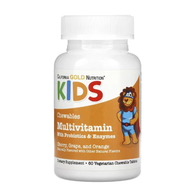 California Gold Nutrition, Chewable Multivitamins with Probiotics, Enzymes, Vitamin A and Vitamin C for Children, Assorted Fruit, 60 Vegetarian Tablets