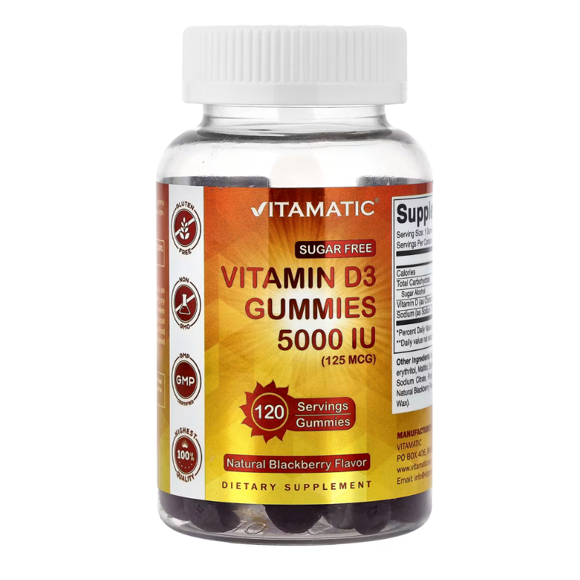 Vitamatic, Vitamin D3 Gummies, Sugar Free, Natural Blackberry, 125 mcg (5,000 IU), 120 Gummies in Pakistan